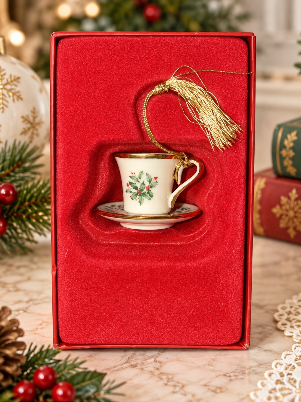 Lenox Holiday Teacup & Saucer Christmas Ornament Holly Gold Trim in Box